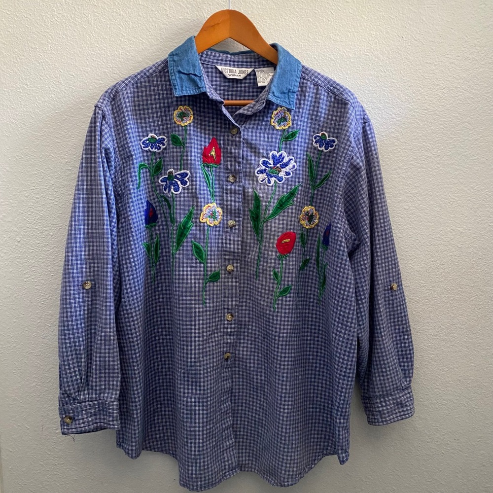 Blue Plaid Floral Embroidered Western Cottagecore Roll Tab Sleeve Shirt